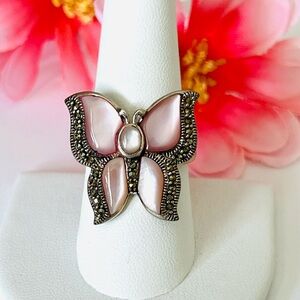Vintage Pink Butterfly ring size 9, mother of pearl & marcasite